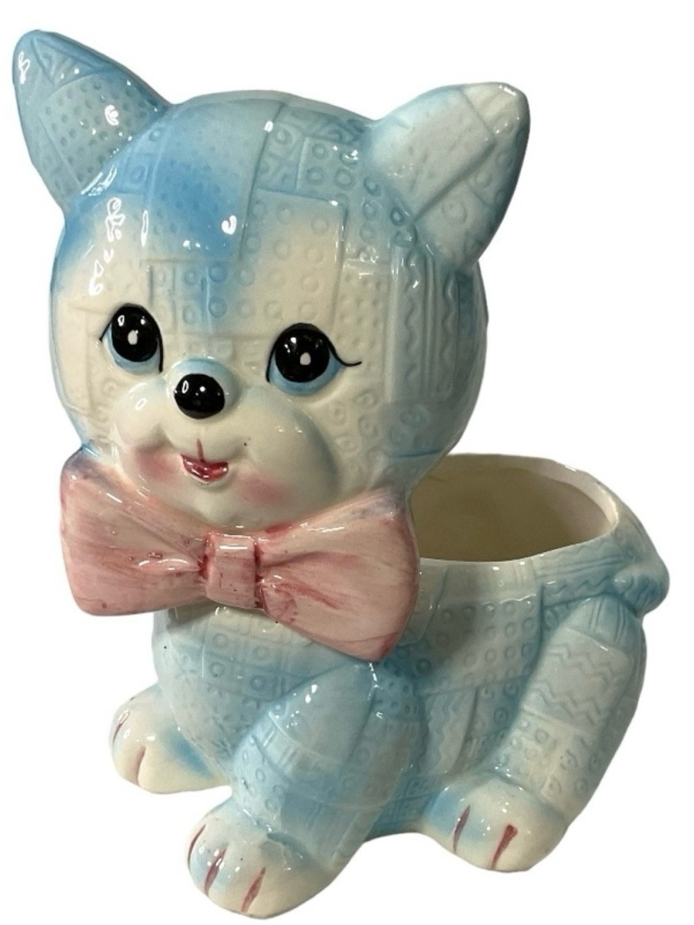 Vintage kitschy patchwork blue and white kitten planter signed RB Japan